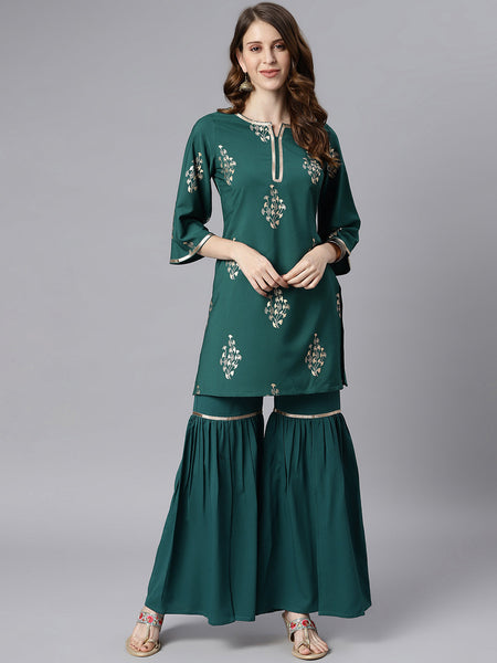 Teal Green Poly Crepe Kurti With Sharara