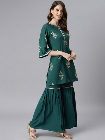 Teal Green Poly Crepe Kurti With Sharara