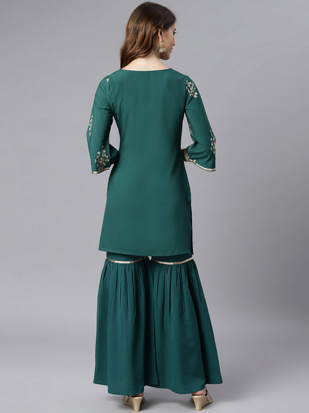 Teal Green Poly Crepe Kurti With Sharara