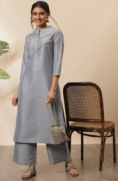 Grey Poly Silk Kurta With Palazzo