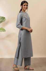 Grey Poly Silk Kurta With Palazzo