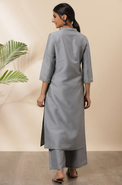 Grey Poly Silk Kurta With Palazzo