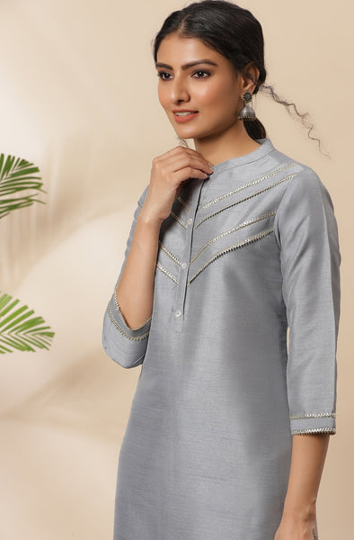 Grey Poly Silk Kurta With Palazzo