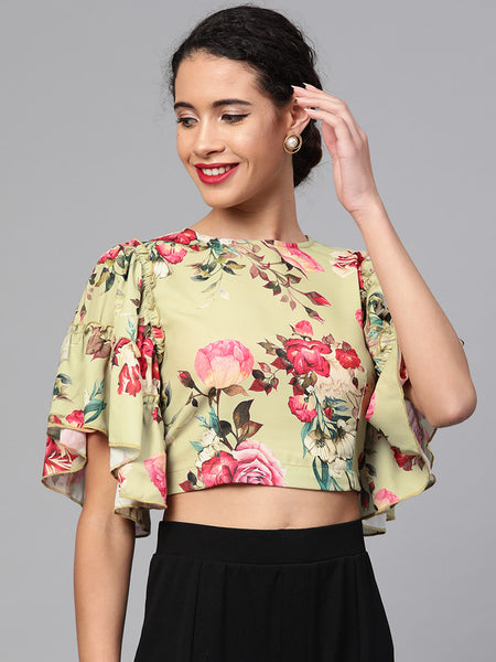 Olive Green Floral Crop Top