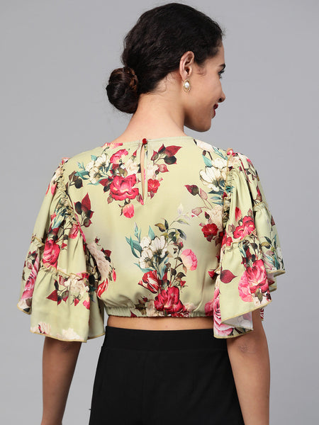 Olive Green Floral Crop Top