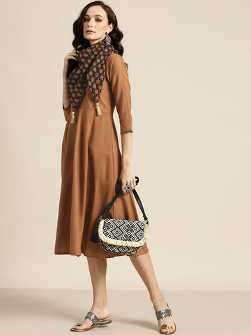 Brown Dress With Printed Scarf