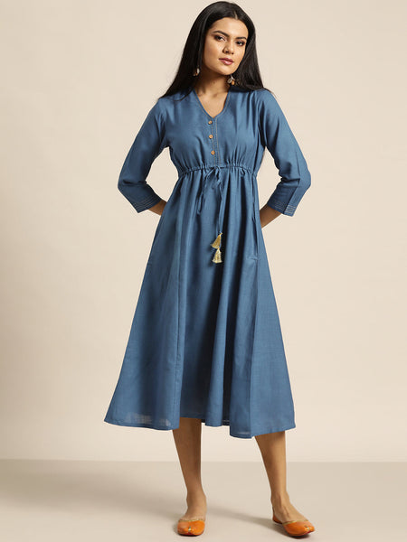 Casual Blue Drawstring Dress
