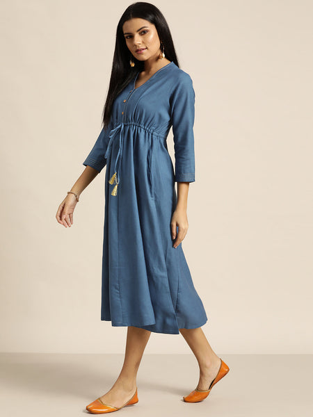 Casual Blue Drawstring Dress