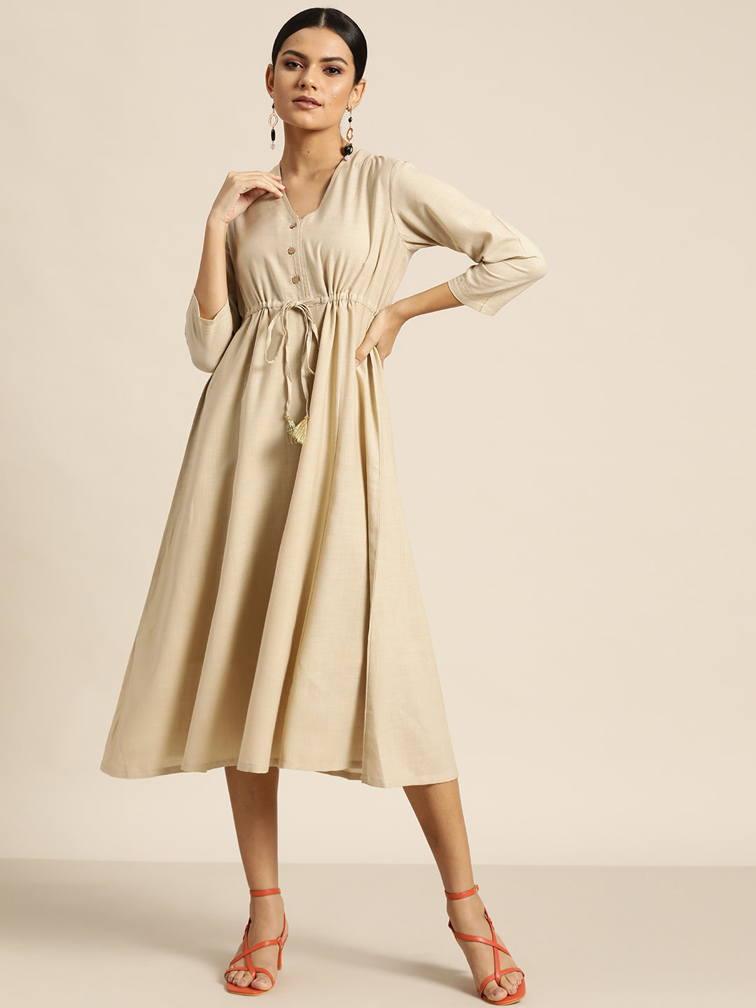 Casual Beige Drawstring Dress