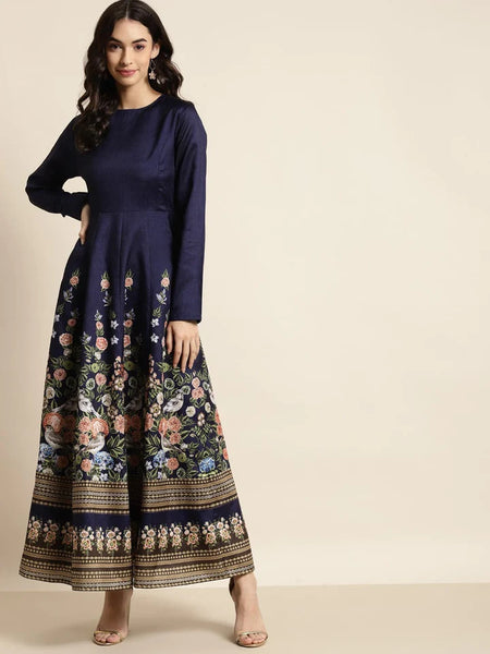 Navy Floral Anarkali Dress