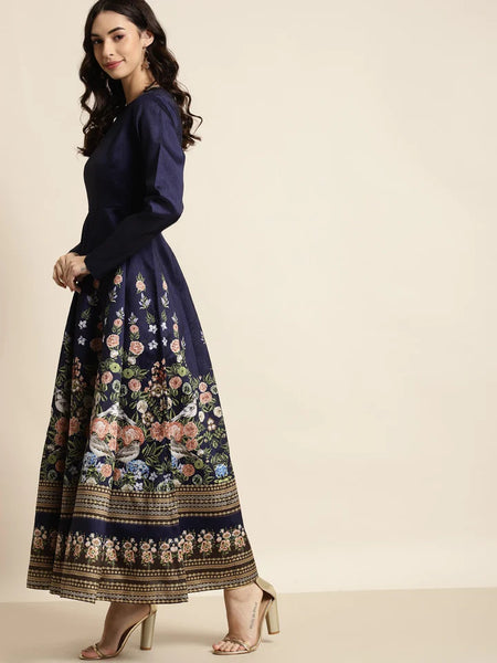 Navy Floral Anarkali Dress