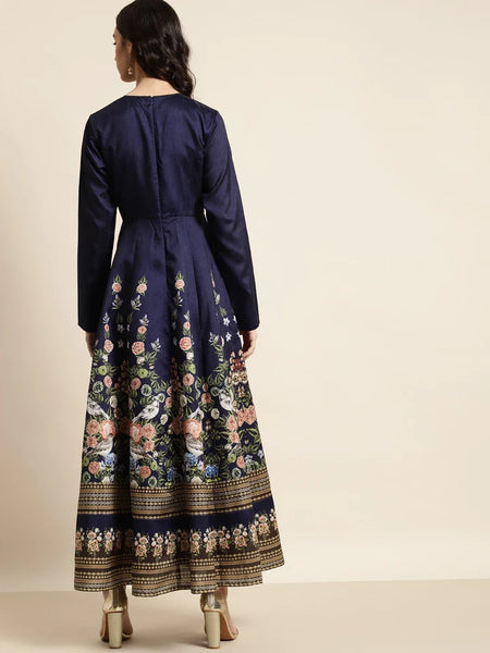 Navy Floral Anarkali Dress