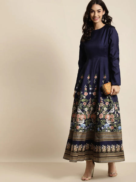 Navy Floral Anarkali Dress