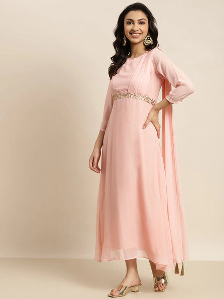 Peach Pink Embroidered Belt Dupatta Dress