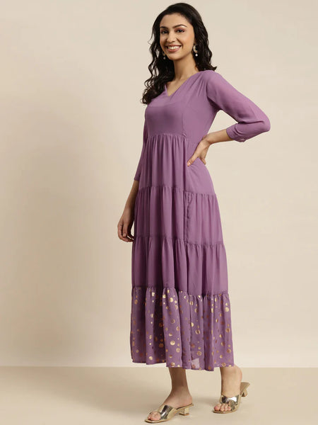 Lavender Gold Print Tiered Maxi Dress