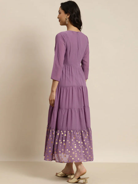 Lavender Gold Print Tiered Maxi Dress