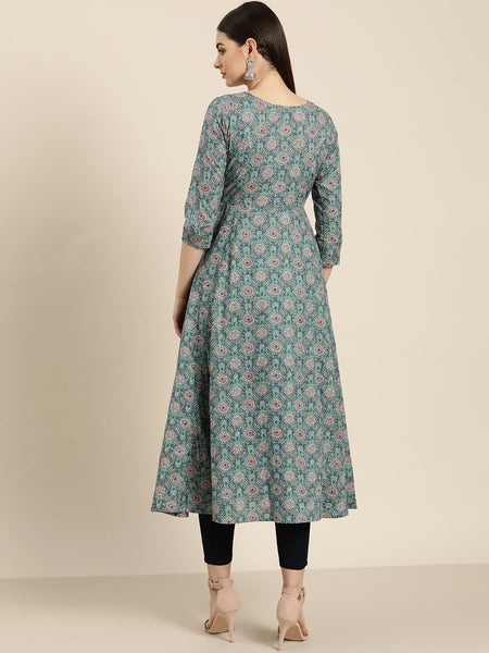 Sea Green Floral Front Open Anarkali Kurta