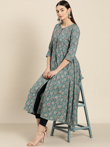 Sea Green Floral Front Open Anarkali Kurta