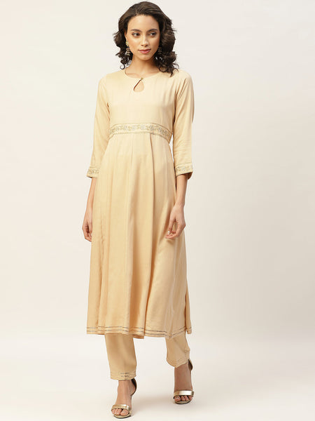 Beige Embroidered Waist Anarkali Kurta