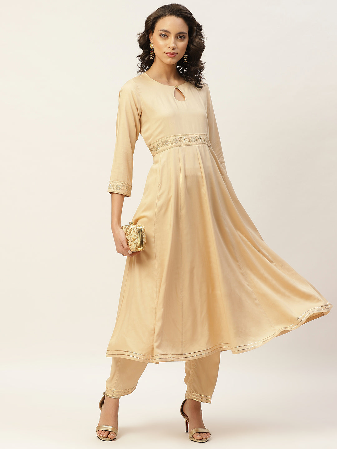 Beige Embroidered Waist Anarkali Kurta