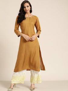 Mustard Embroidered Liva Kurta