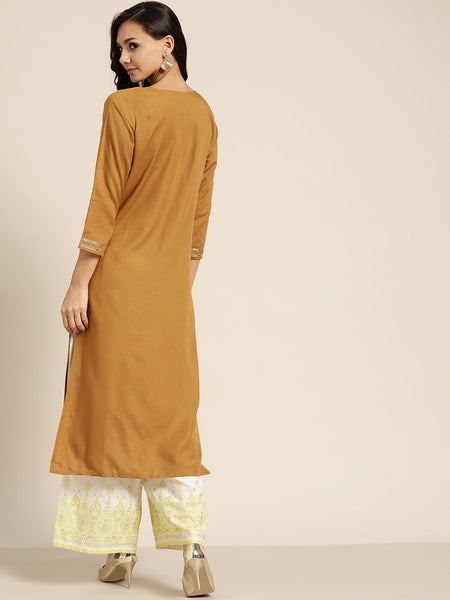 Mustard Embroidered Liva Kurta