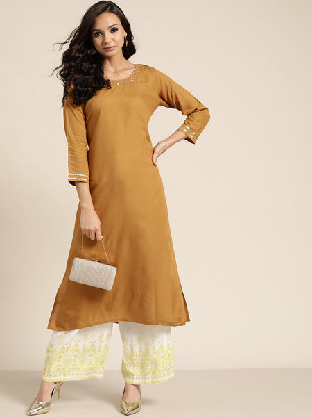 Mustard Embroidered Liva Kurta