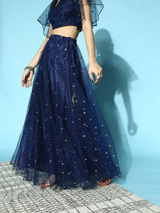 Navy Blue Sequin Flared Skirt