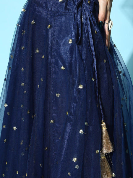 Navy Blue Sequin Flared Skirt