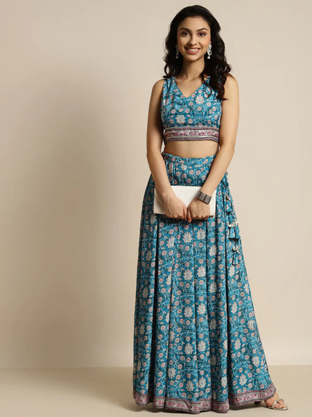 Candy Teal Floral Aanrkali Skirt