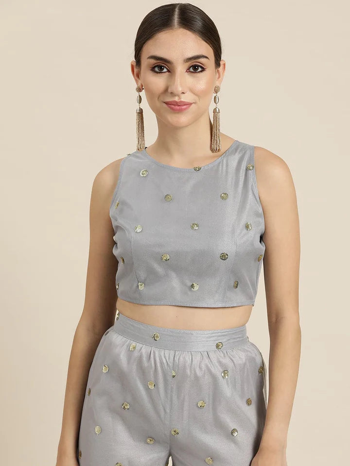 Grey Sequins Sleeveless Crop Top