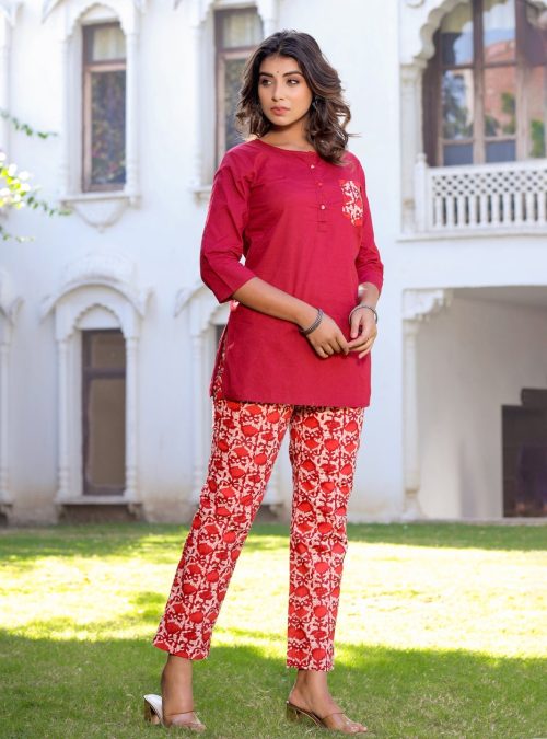 Maroon & Beige Cotton Lounge Wear Set