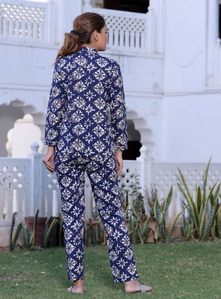 Dark Blue Geometric Print Night Suit Set