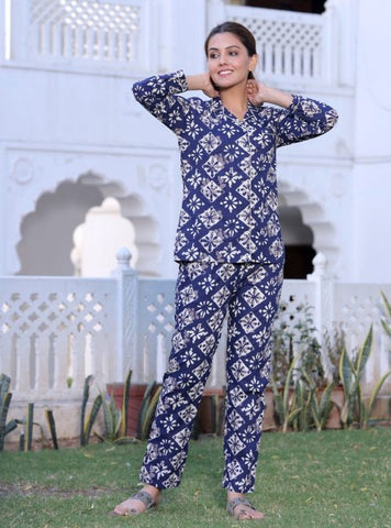 Dark Blue Geometric Print Night Suit Set