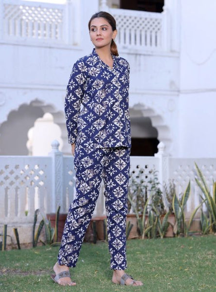 Dark Blue Geometric Print Night Suit Set