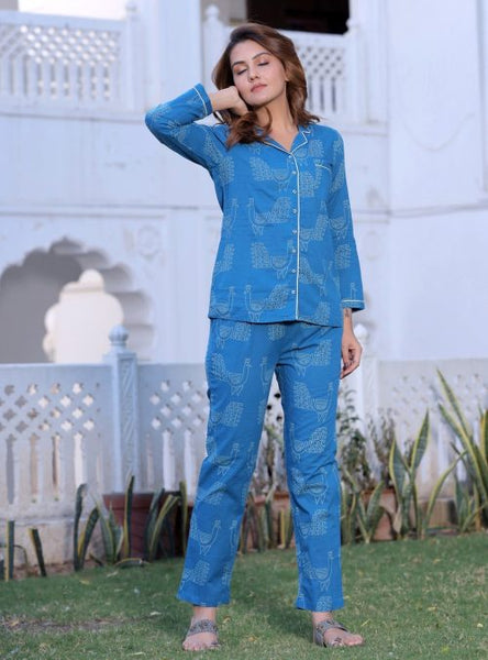 Teal Blue Printed Cotton Lounge Wear Set