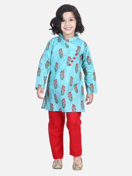 Turquoise Blue Printed Cotton Kurta Set