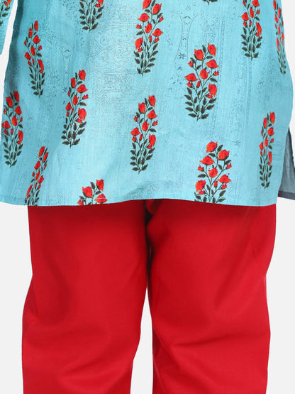 Turquoise Blue Printed Cotton Kurta Set