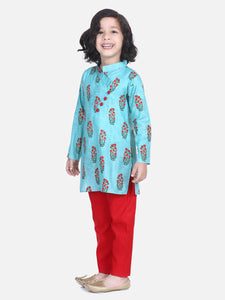 Turquoise Blue Printed Cotton Kurta Set