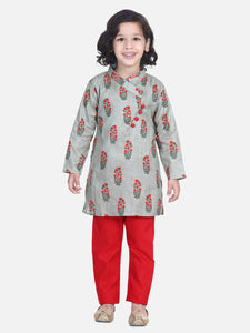 Grey Printed Cotton Kurta Set