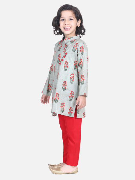 Grey Printed Cotton Kurta Set