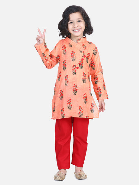 Peach Printed Cotton Kurta Set