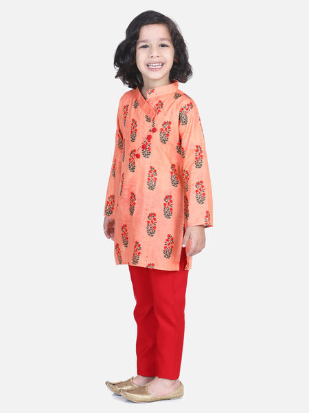 Peach Printed Cotton Kurta Set