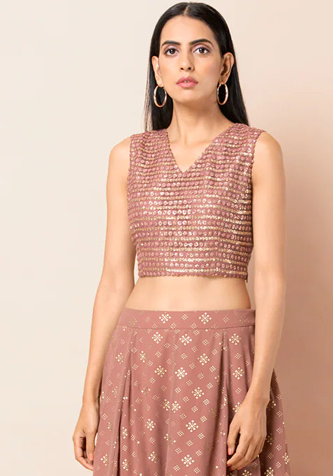 Dusty Pink Sequin V-Neck Crop Top