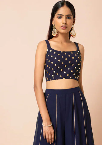 Navy Mirror Work Strap Crop Top