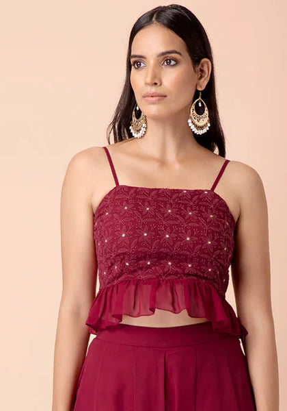 Maroon Chikankari Peplum Crop Top