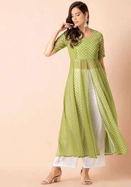 Green Floral High Slit Maxi Kurta