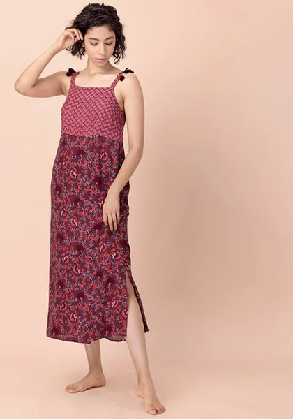 Maroon Printed Strap Maxi Dress