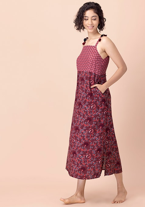 Maroon Printed Strap Maxi Dress