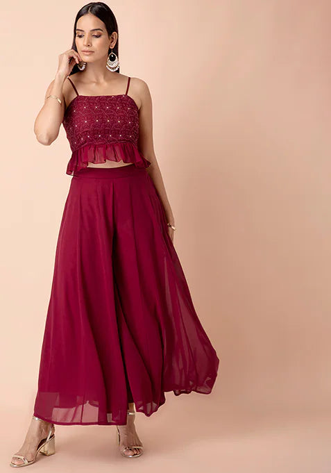 Maroon Chikankari Peplum Crop Top